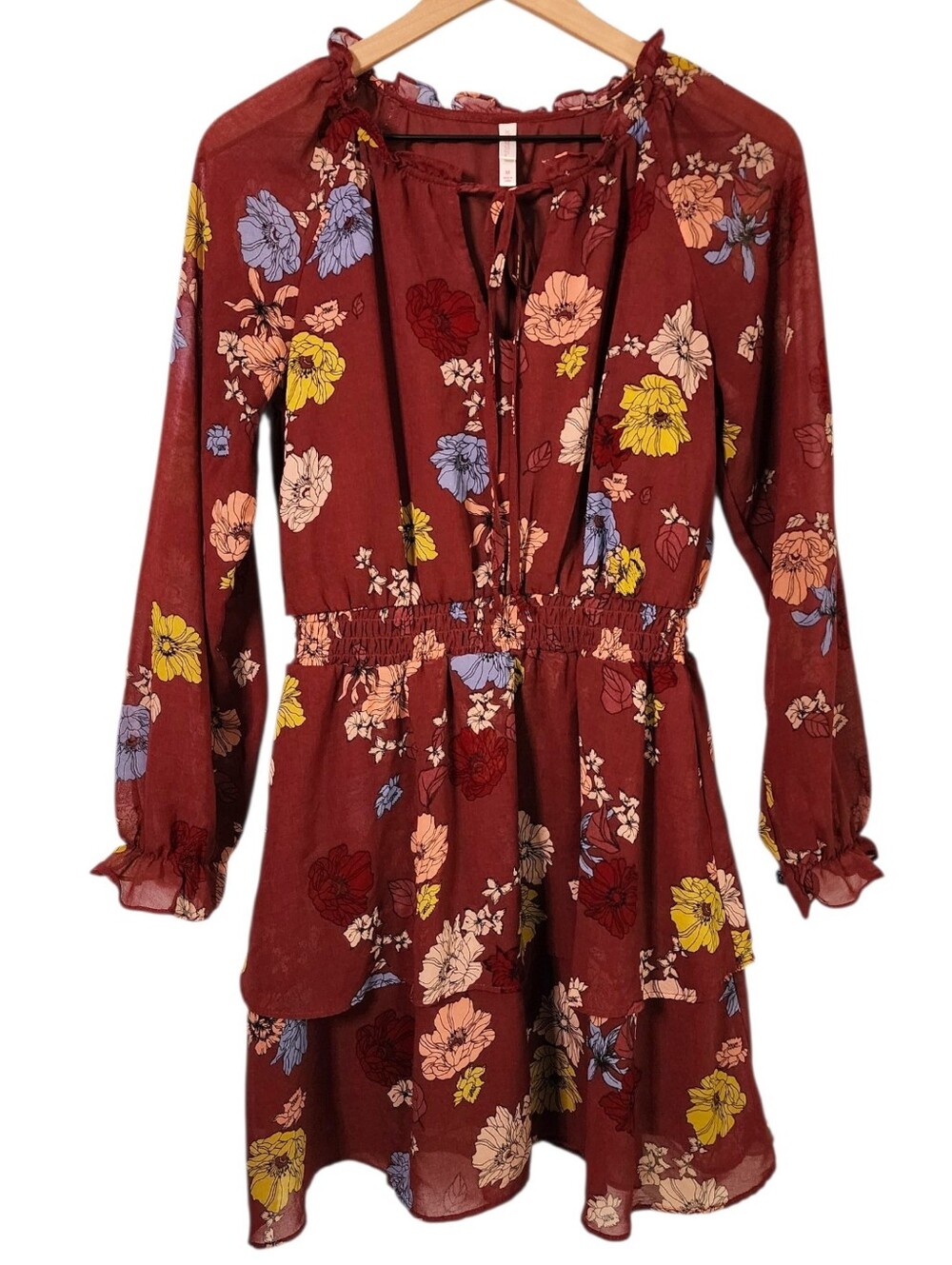 Xhilaration Womens Medium Floral Ruffle Keyhole Flowy Long Sleeves Midi Dress